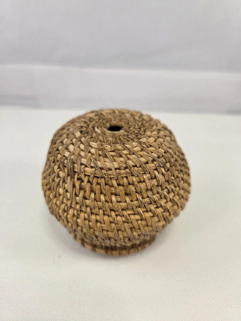 Vintage Miniature Basket, Woven Rattan Lidded Coiled String Holder